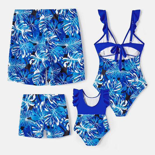 Family Matching Swimsuits Plant Print Swim Trunks and Blue Ruffle Trim Spliced One-piece Swimsuit - HER SHOP