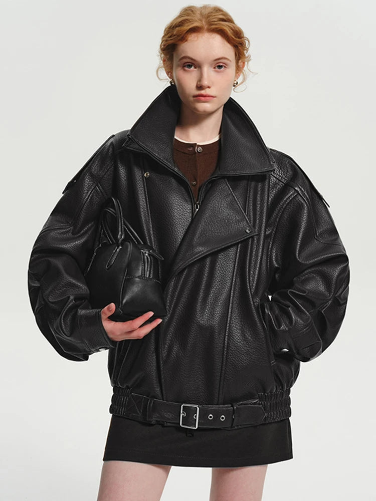 Women’s Oversized Brown PU Leather Jacket – Retro American Style, Long Sleeve Zip-Up, Luxury Designer-Inspired Outerwear for Spring & Autumn