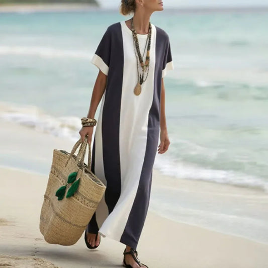 Retro Contrast Color Maxi Dress – Elegant O-Neck Short Sleeve Boho Vacation Dress with Side Slit for Women - HER SHOP