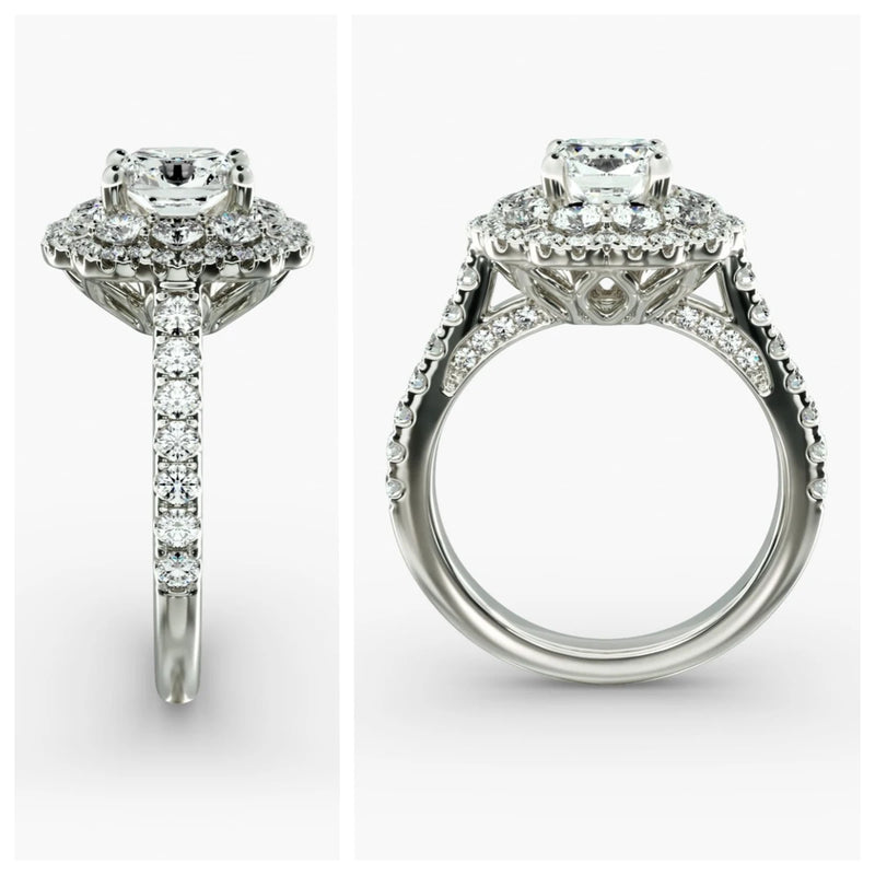 Luxury Cushion-Cut Diamond Engagement Ring | Custom K Gold Double Halo Lab-Grown Diamond with Half-Band Pavé Design