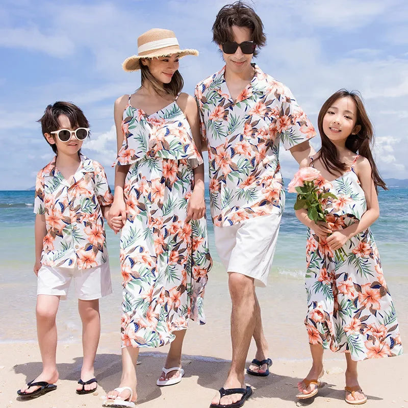 Family Look Vacation Beach Clothing Mom Daughter Sleeveless Dress Dad Son Matching Floral Shirt Set Parent Child Holiday Clothes - HER SHOP