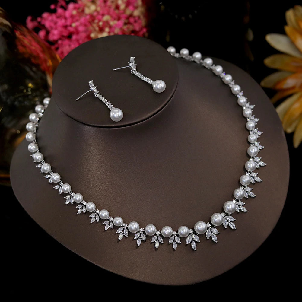 Pearl Necklace For Women Luxury High Quality Flower Shape 2 Pieces Clear Cubic Zircon Female Jewelry Sets Wedding Party Gifts