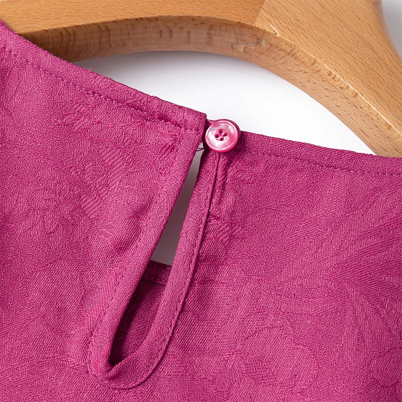 70% Mulberry Silk Cotton Jacquard Blouse – Women’s Hot Pink Long Sleeve Pullover Top