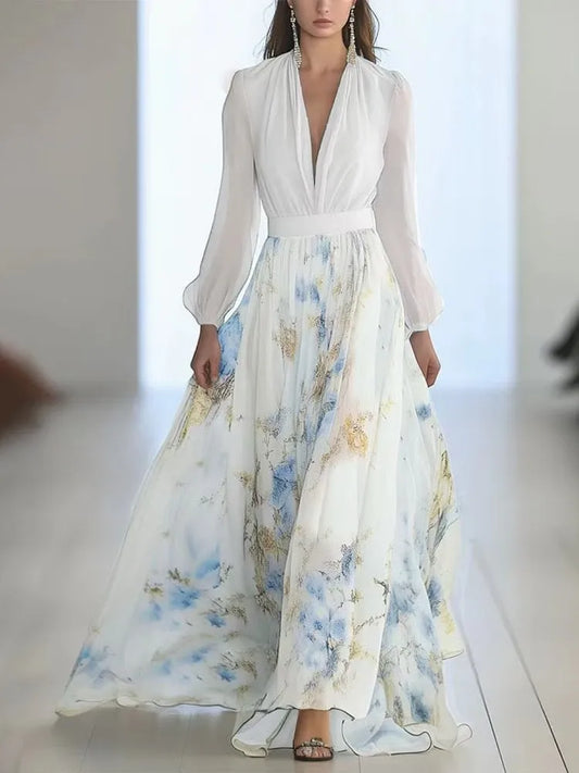 Elegant V-neck Long-sleeved Chiffon Dress Fashion Spring Autumn Powder Sleeve Splicing Flower Printing Casual Dresses Female - HER SHOP