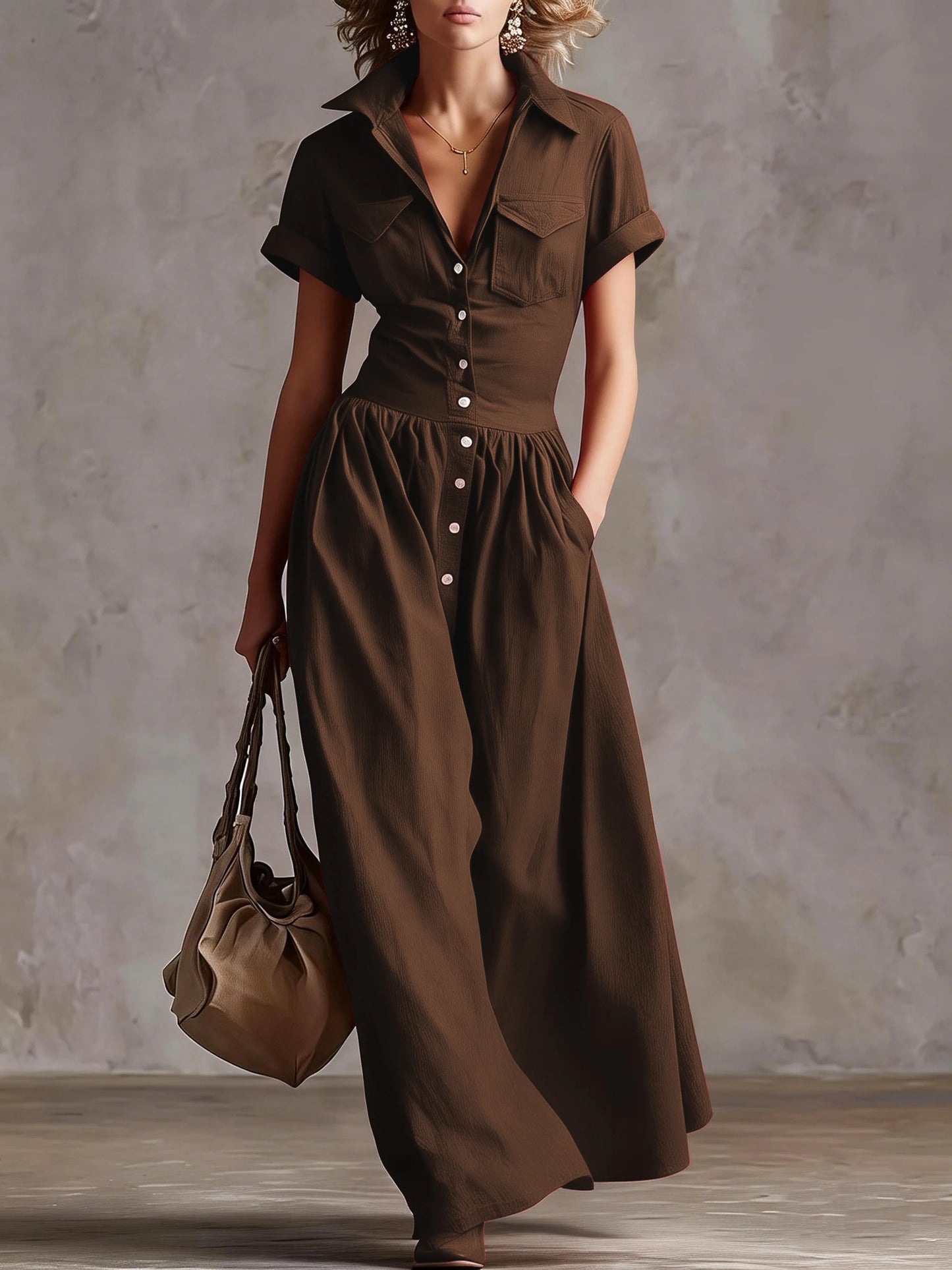 Women’s Woven Button-Down Collared Maxi Dress
