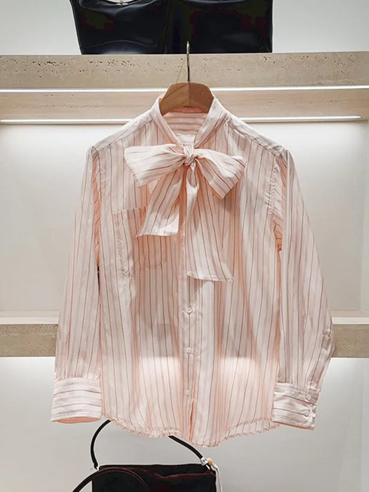 Retro Pink Striped Bow Tie Blouse – Women's Long Sleeve Office Shirt with Ribbon Collar & Pocket - HER SHOP