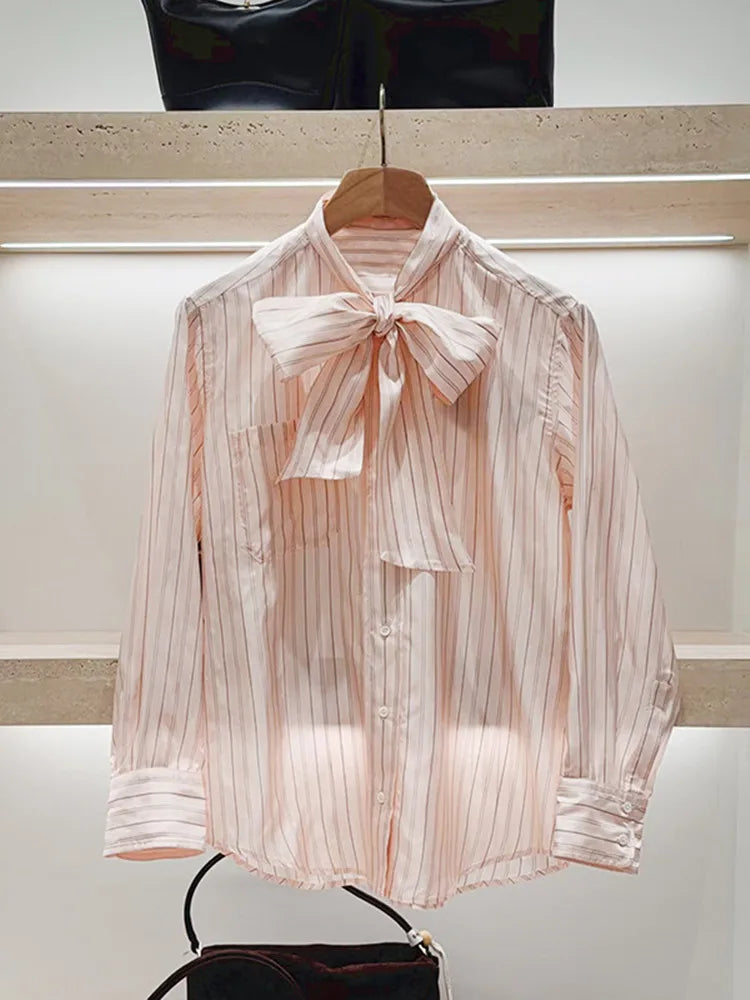 Retro Pink Striped Bow Tie Blouse – Women's Long Sleeve Office Shirt with Ribbon Collar & Pocket