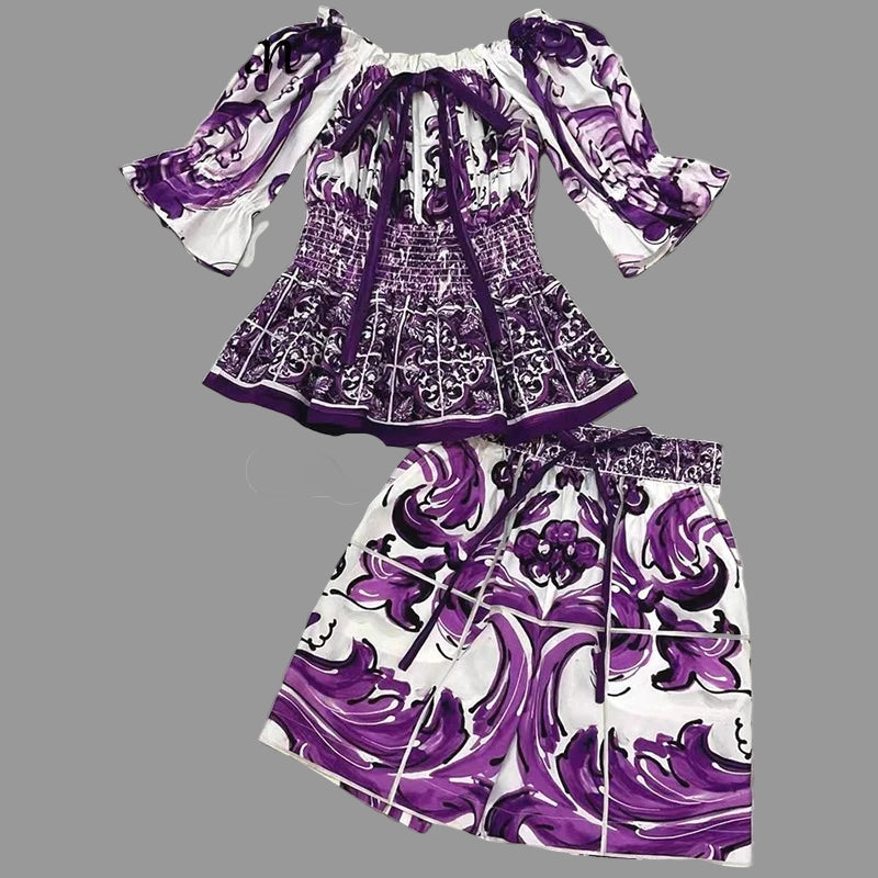 Elegant Women's Silk Top & Printed Cotton Skirt Set – 2-Piece Turn-Down Collar Outfit