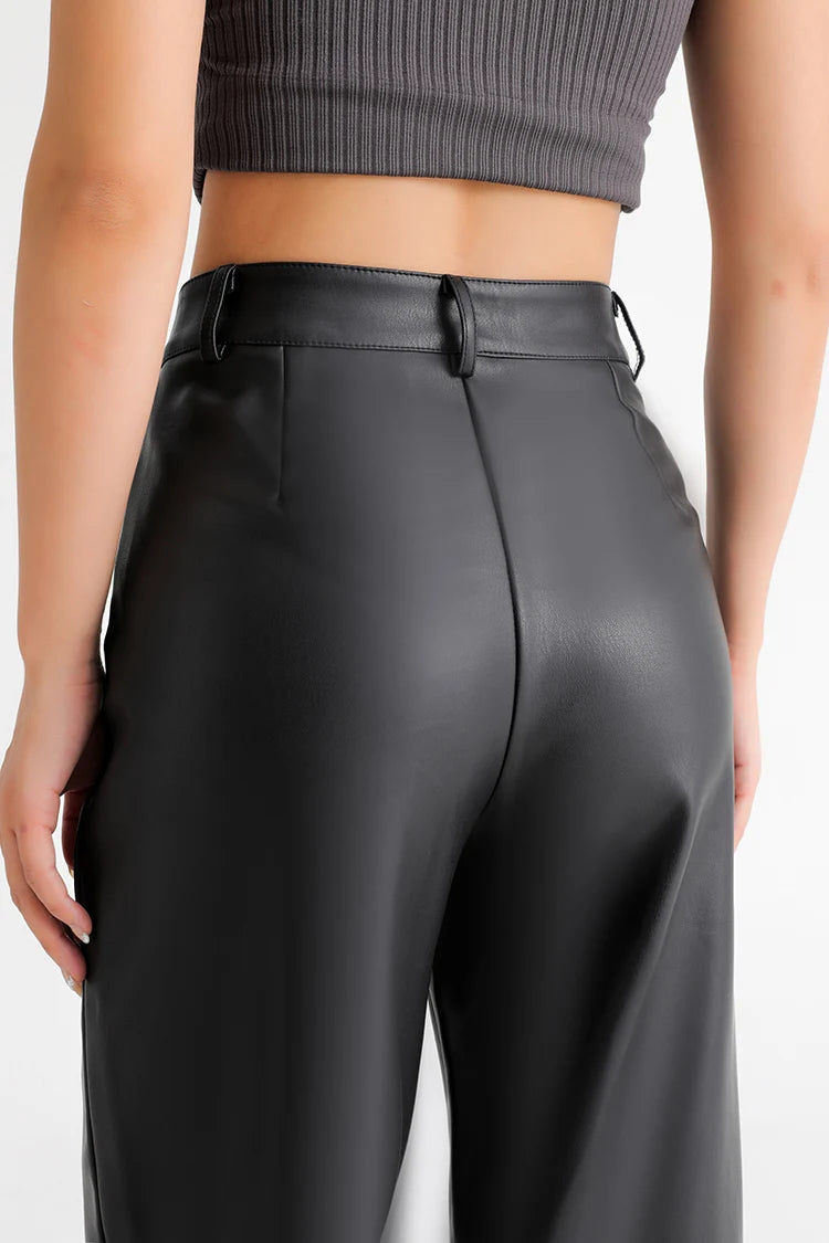 Fall Winter Fleece Loose Wide Leg Warm Leather Pants Women Button Pocket High Waist Thick PU Casual Straight Pants