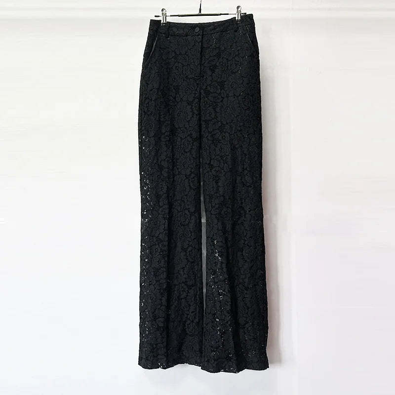 High Quality Lady Office Causal Suit Notched Long Sleeve Single Button Blazer Pencil Pants Women Solid Lace 2pcs