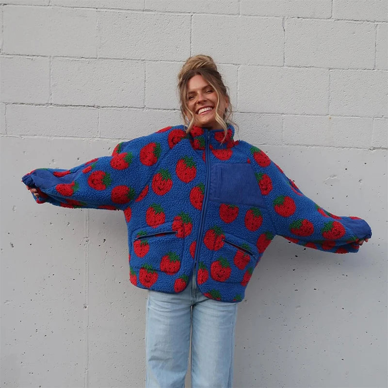 Retro Printed Plush Zipper Short Jacket Women Casual Loose High Neck Pocket Jackets Coat Lady 2025 Versatile Chic Street Outwear - HER SHOP