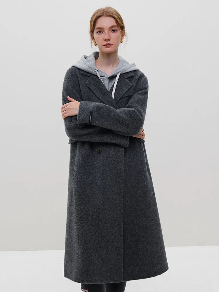 Her Shop 100% Wool Dark Grey Winter Mid-Length Straight Wool Coat - Simple Notched Collar, Temperament Shoulder Design