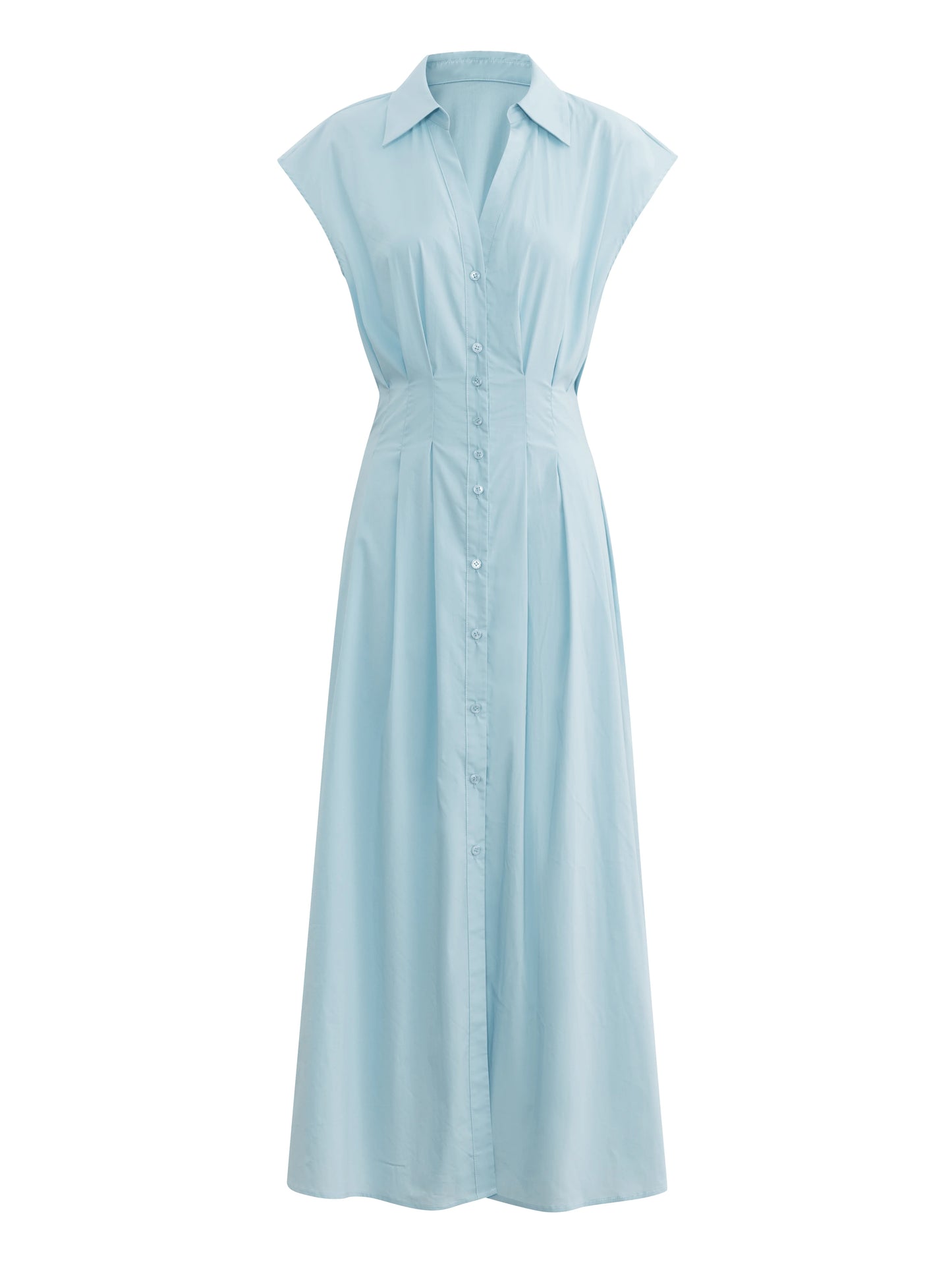 Women’s Light Blue Collared Midi Dress – Button-Front Fit-and-Flare Short Sleeve Dress