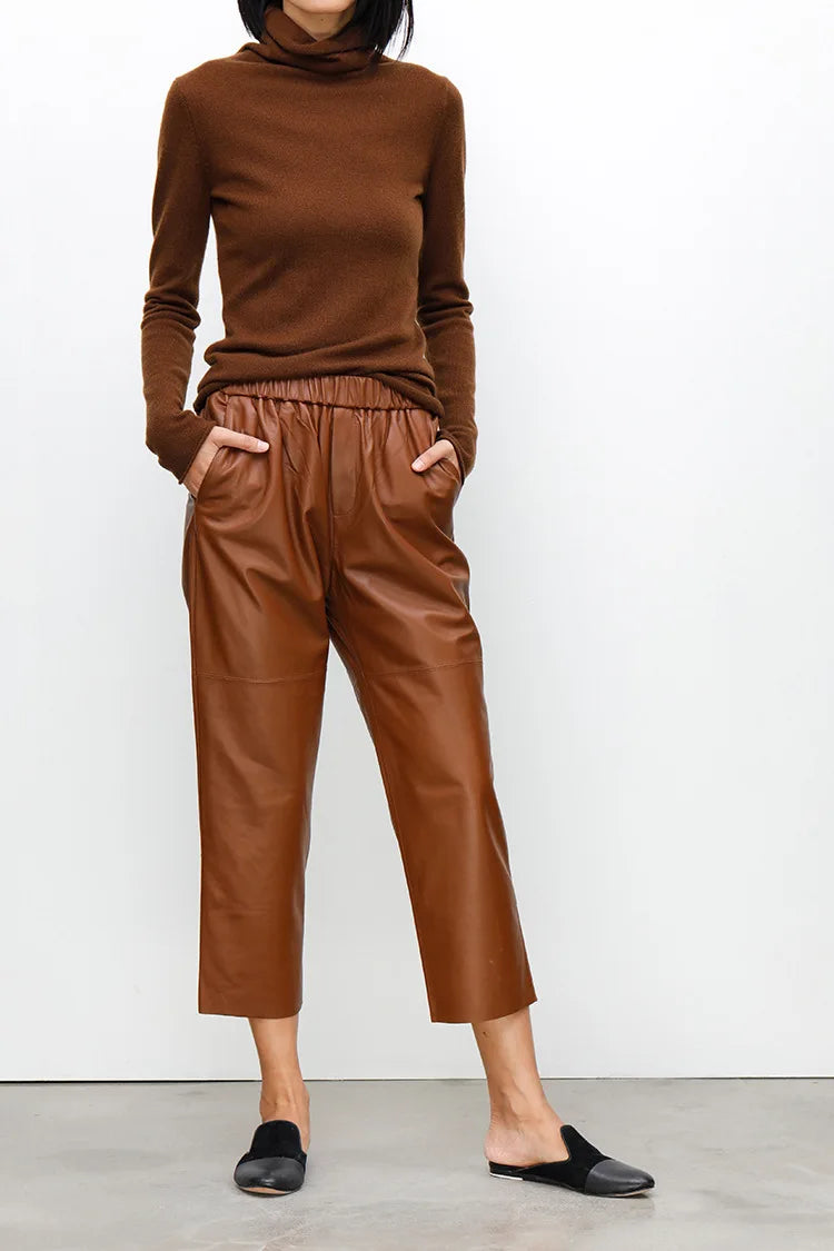 Women’s Genuine Sheepskin Leather Pants – High Waist Straight Fit Ankle-Length Trousers