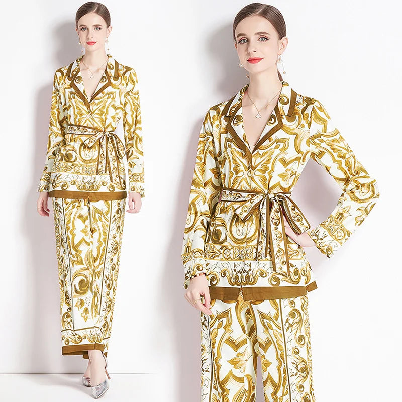2025 Spring Yellow Floral Print Two-Piece Set – Long Sleeve Shirt with Waist-Cinching Slim Pants - HER SHOP