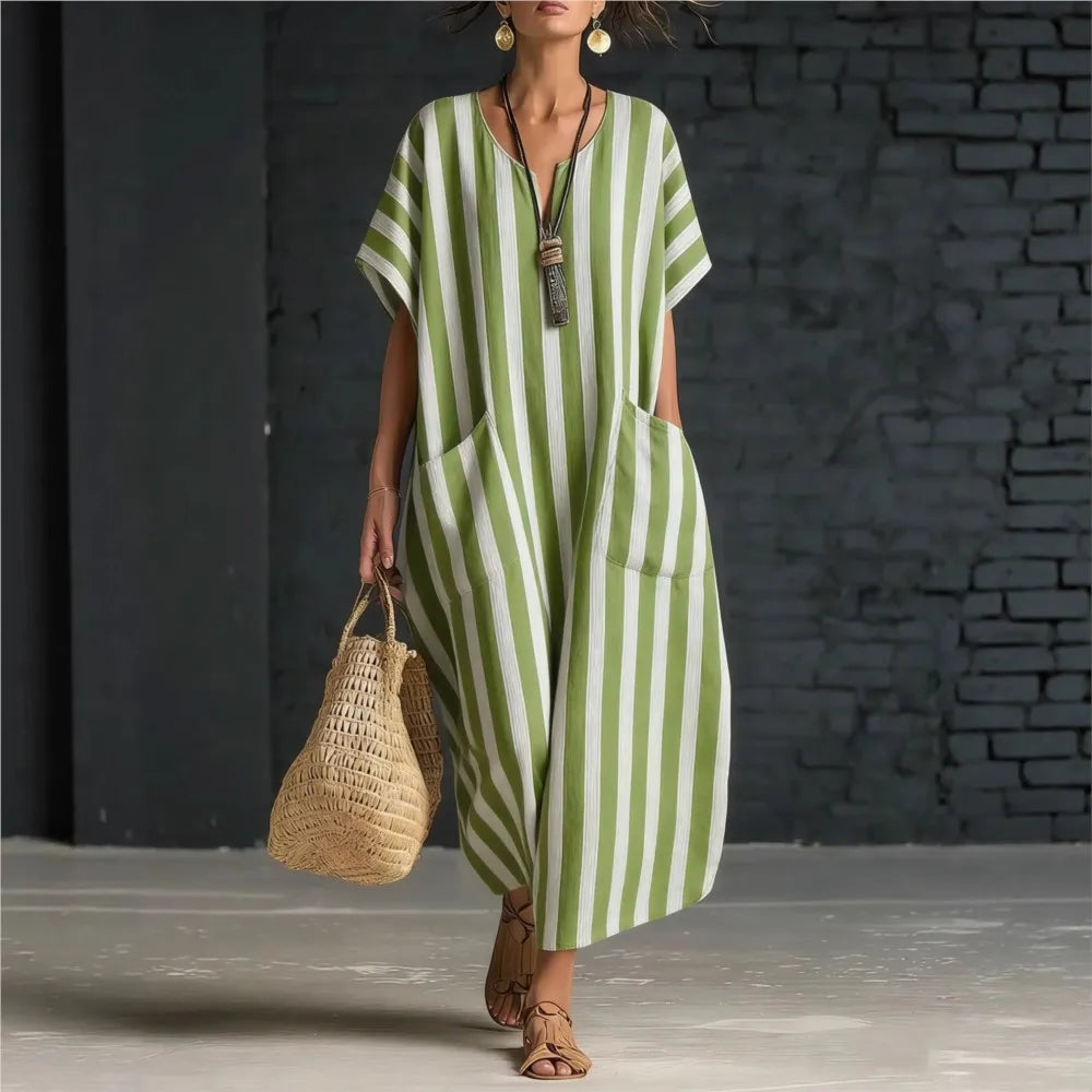 Striped V-Neck Loose Casual Summer Dress