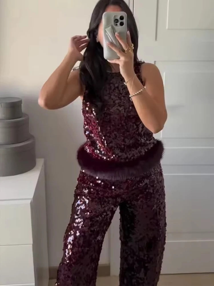 Chic Elegant Sequin Pants 2 Pieces Sets For Women Sequin Fur Vest Top Women's Suit 2026 New Year Party Woman Outfits ﻿
