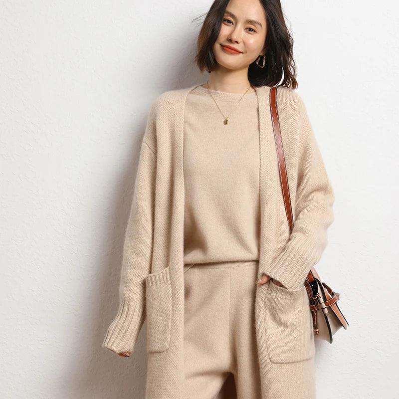 Autumn/Winter Women's 100% Cashmere Thickened V-Neck Cardigan Sweater – Loose, Long, and Stylish Solid Coat