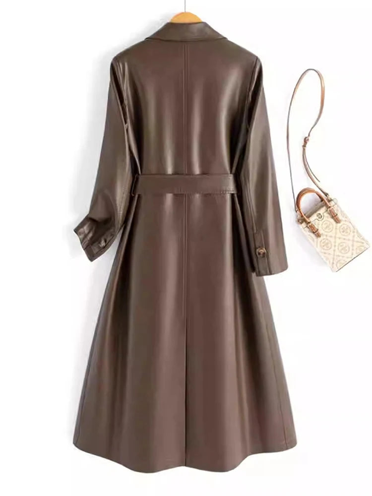 New Women Spring Autumn Split Leather Coat Fashion Turn-down Collar Double Breasted Leather Trench Elegant Long Female Coat
