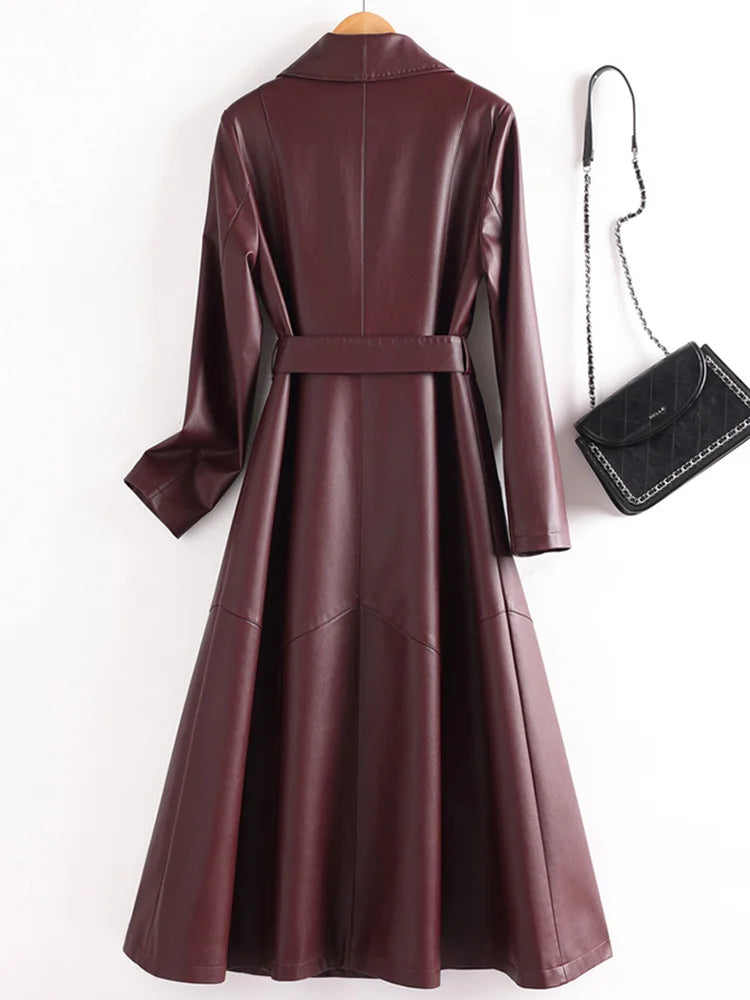 New Elegant Women’s Split Leather Trench Coat | Slim Waist Belted Long Coat with Suit Collar | Spring & Autumn Fashion Casual Outerwear