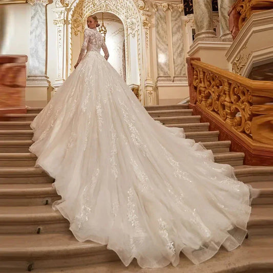 Luxury Modest Wedding Dress 2025 High Neck Full Sleeve Lace Appliqués Custom Gown - HER SHOP