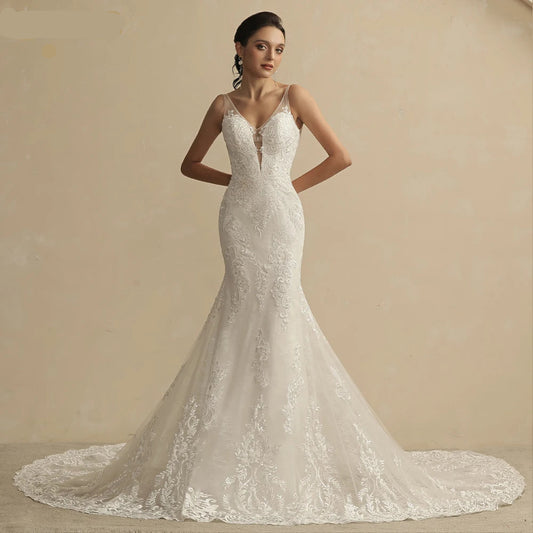 Custom A-Line Lace Wedding Dress with Off-Shoulder V-Neck and Puffy Sleeves – Elegant Bridal Gown - HER SHOP