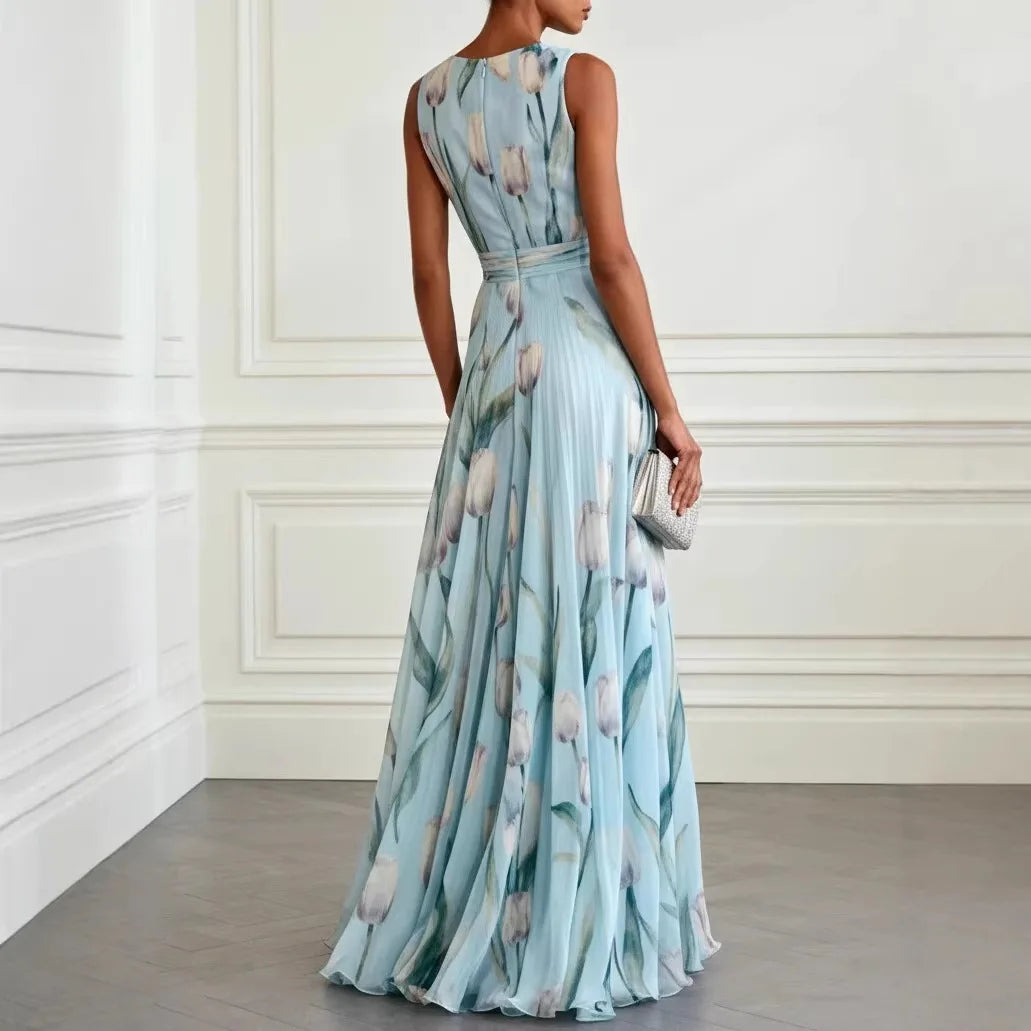Blue Tulip Print Chiffon Maxi Dress – Sleeveless V-Neck Elegant Flowy Spring Summer Evening Gown