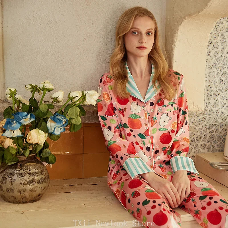 Elegant Pajama Set for Women – Long Sleeve Lapel Home Suit for Spring & Summer