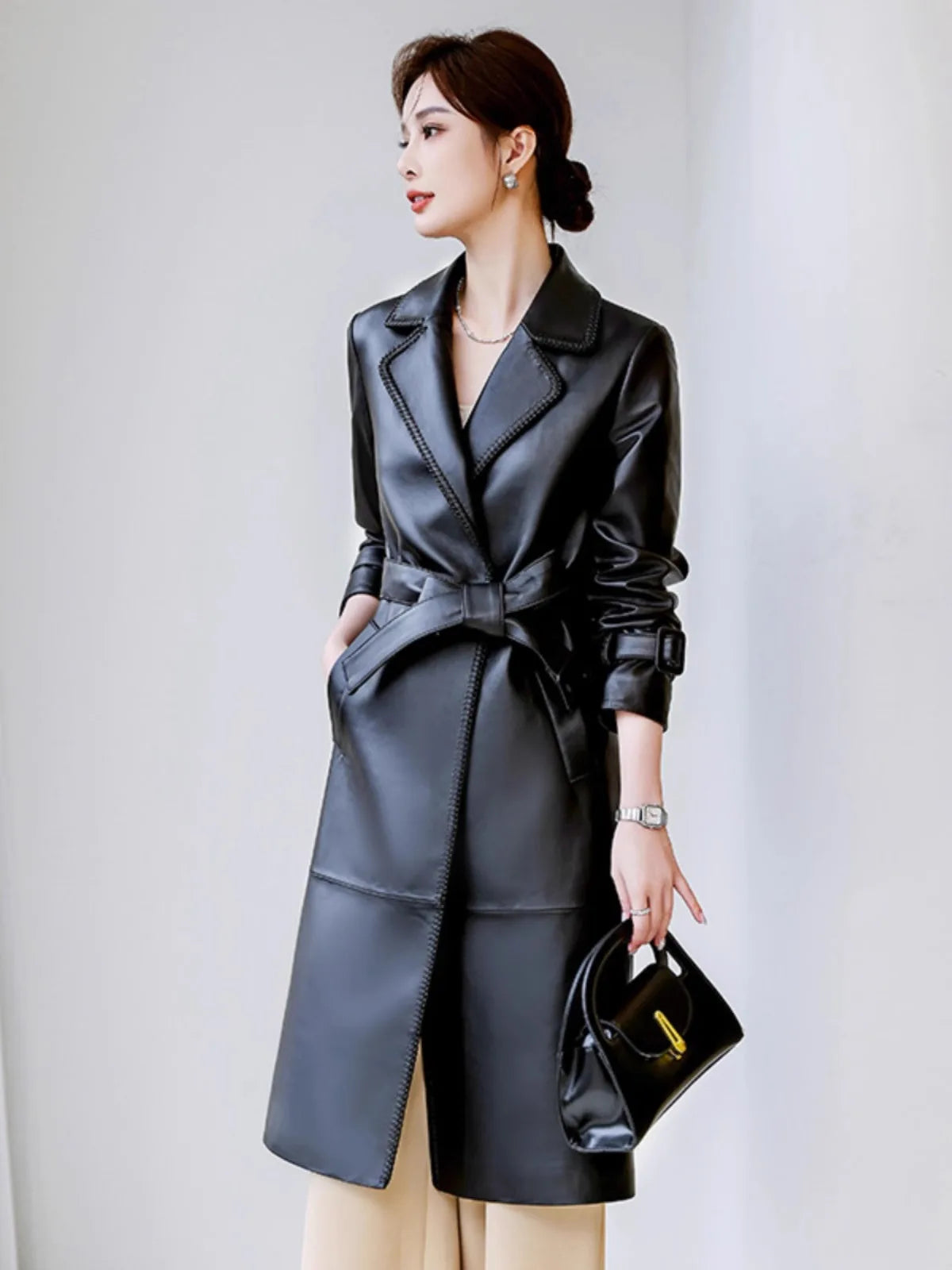 Women's Genuine Leather Trench Coat Lace-Up Long Slim Fit Spring Autumn Sheepskin Top