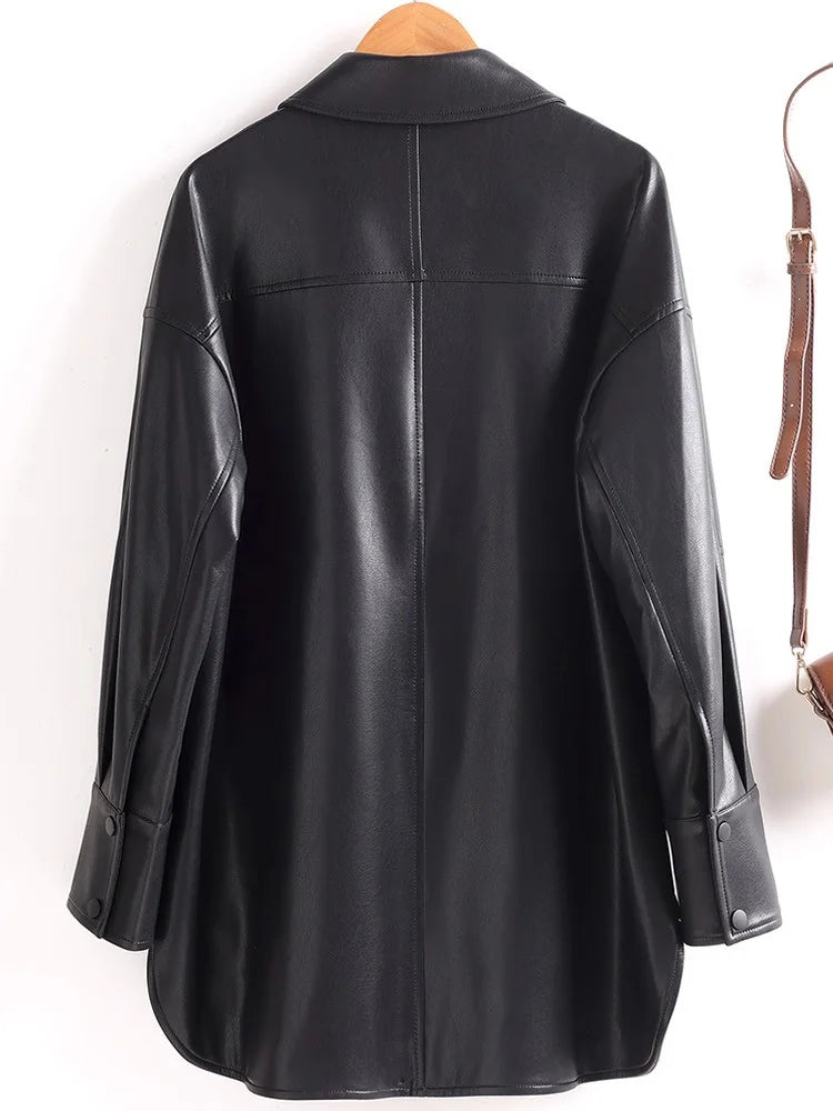 Women’s Split Leather Long Coat – Turn-Down Collar, Single-Breasted Casual Outerwear for Spring & Autumn