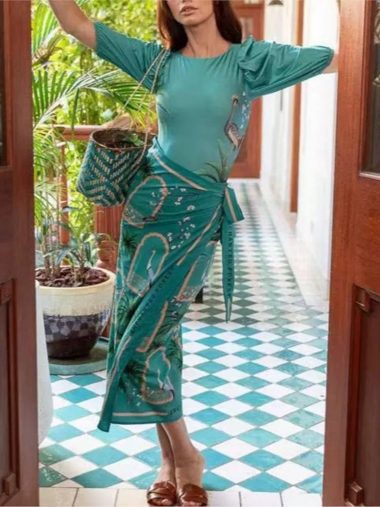 Retro Printed Bikini Set with Skirt Cover-Up