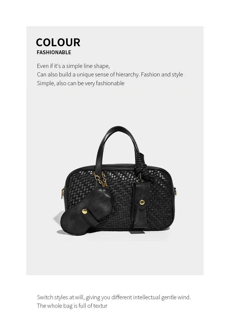 Women's Boston Bag 2025 Fall Winter New Woven Bowling Bag Unique Design Handheld Pack Trendy Light Luxury PU Leather Handbag