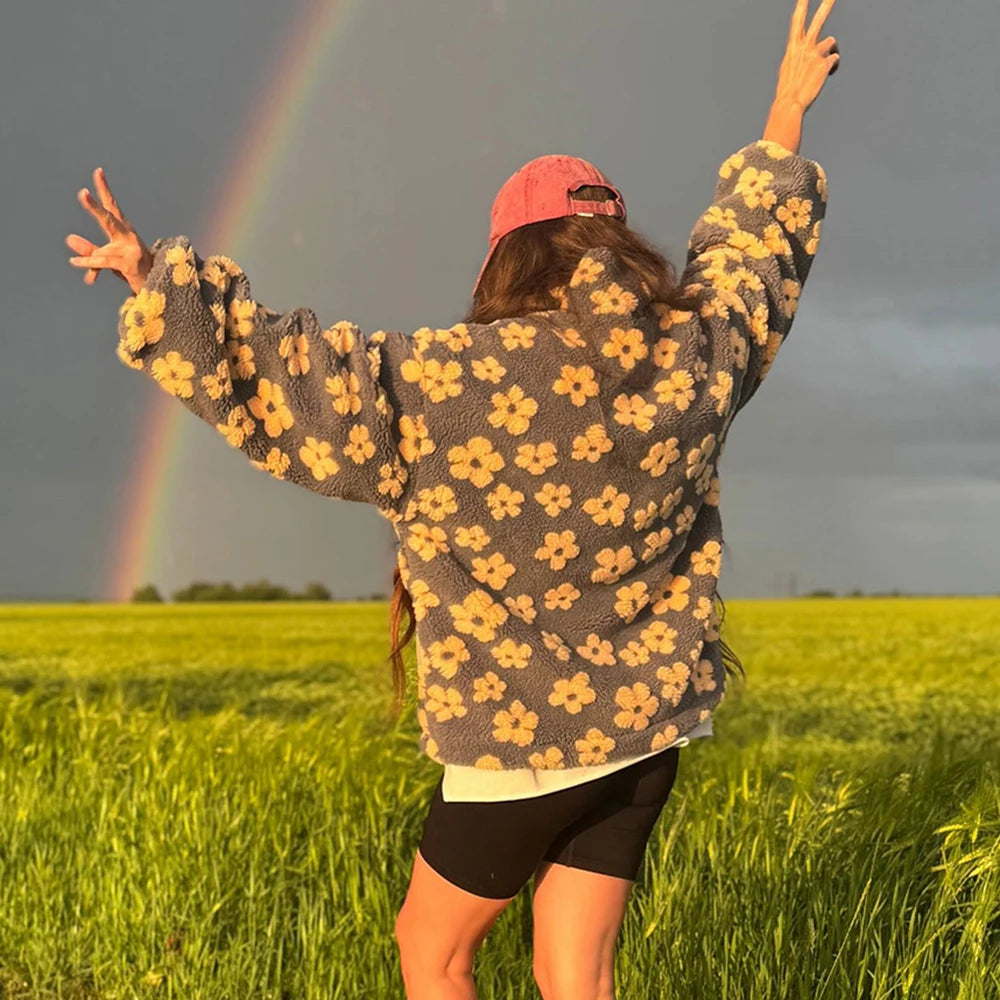 Fashion Print Contrast Pullover Oversized Zipper Knit Long-Sleeve Top  –  Casual, Warm Vintage Sweatshirt for Women, Perfect for Office Wear