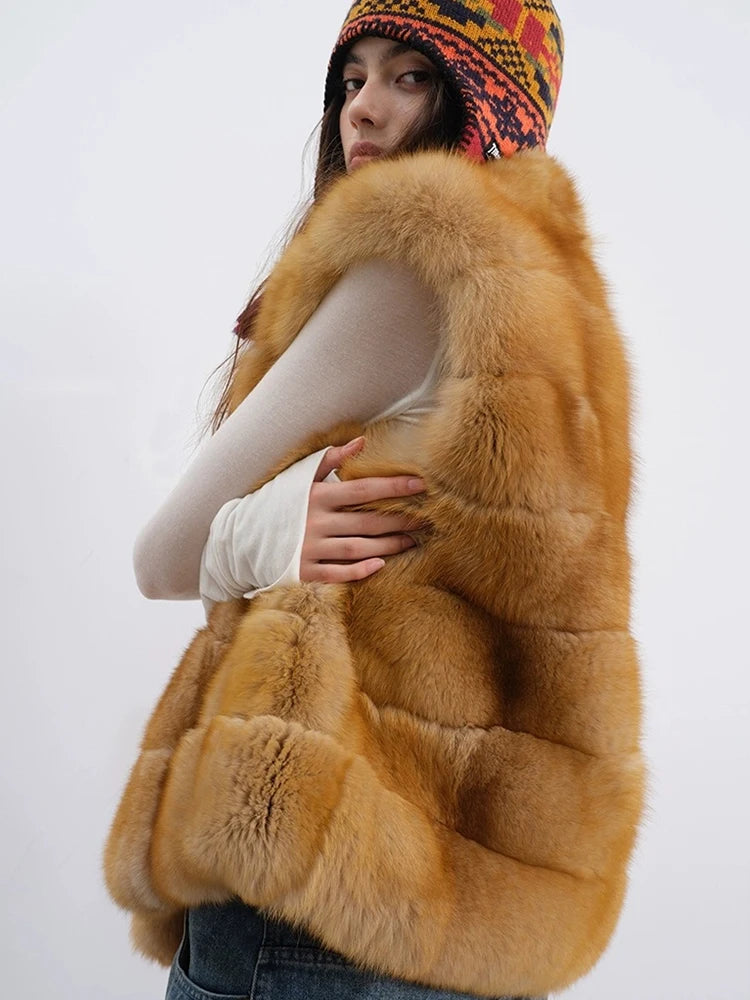Women’s Luxury Natural Fox Fur Vest – Thick Real Fur Waistcoat for Autumn & Winter, Warm Elegant Outerwear