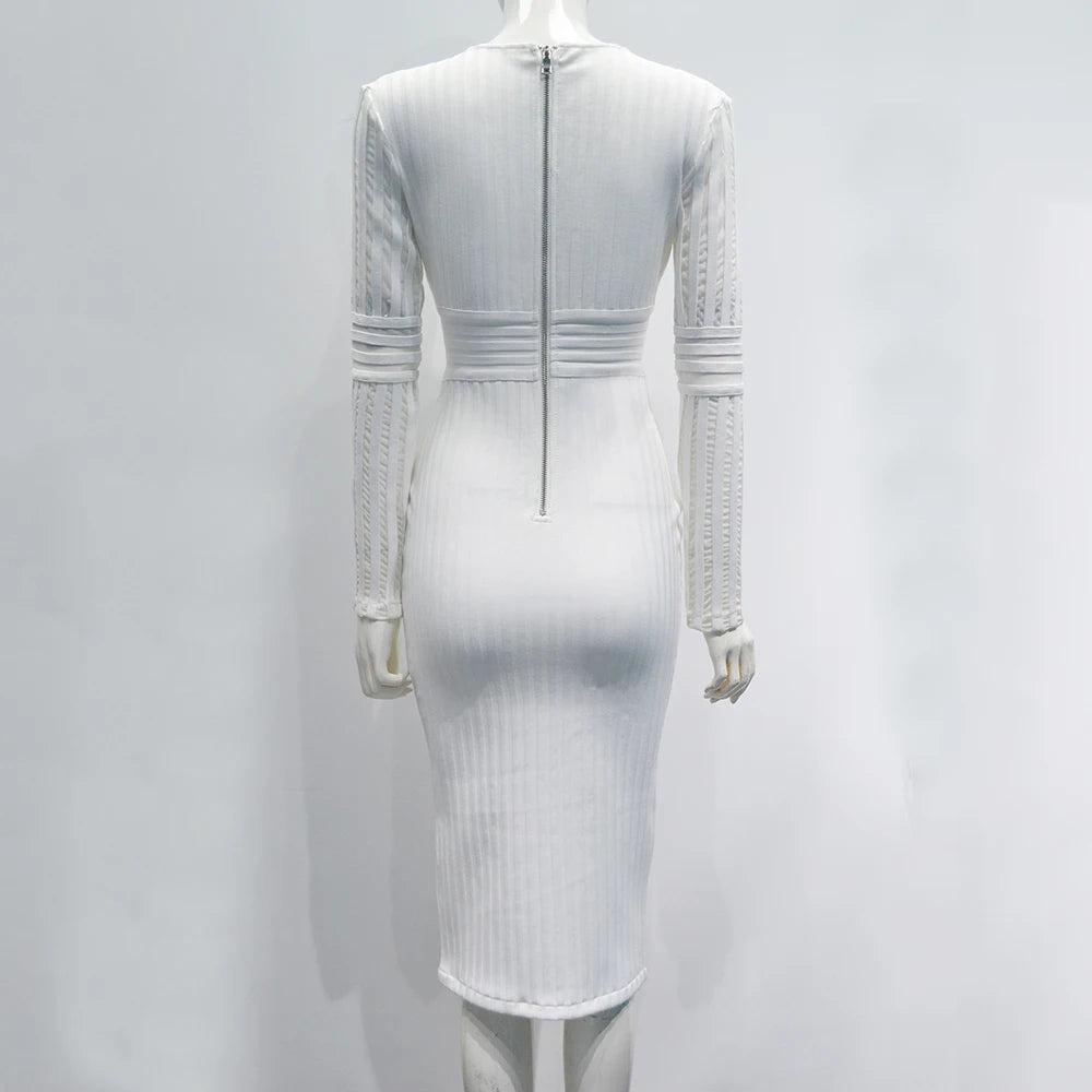 White Mesh Plunge V-Neck Long Sleeve Bandage Bodycon Dress – Elegant Hollow-Out Office Lady Party Dress