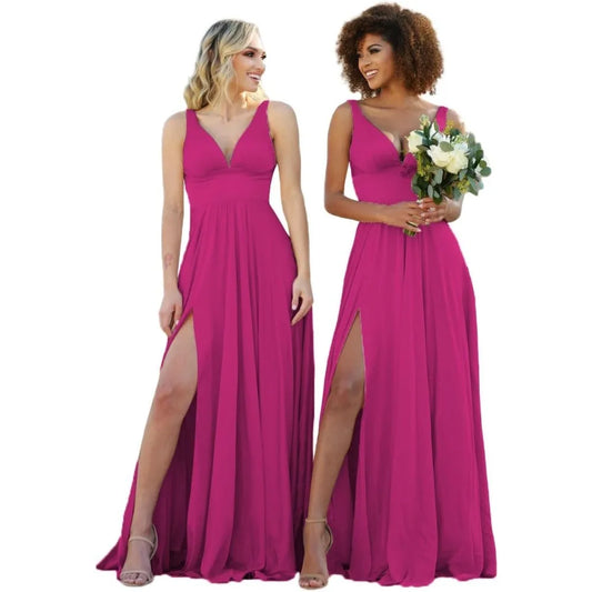Champagne Gold Bridesmaid Dress – Elegant V-Neck Satin Chiffon Gown for Wedding, Prom & Formal Events - HER SHOP