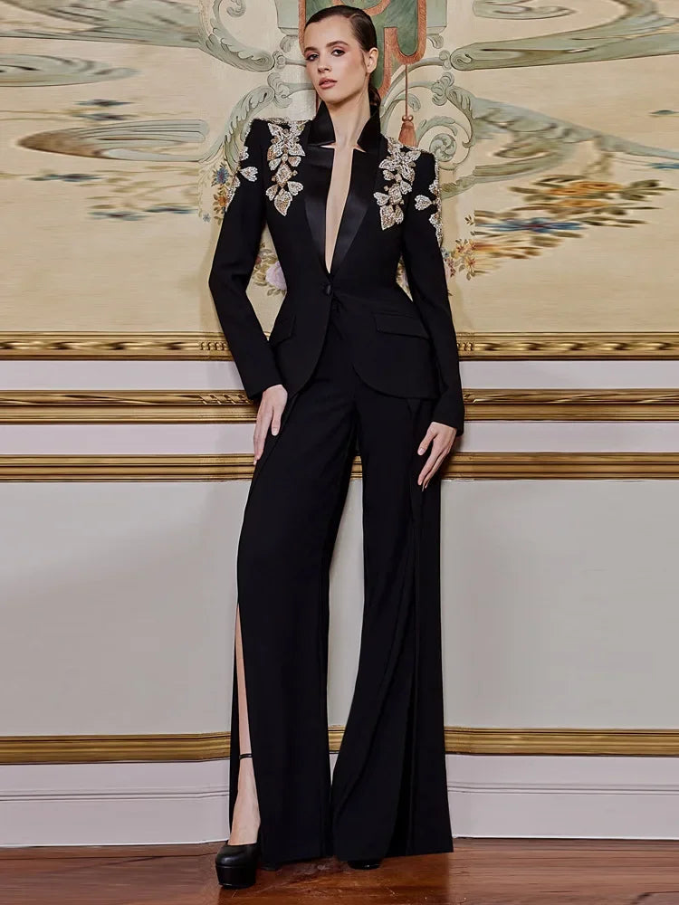 HIGH QUALITY Newest Designer Suit Women Beaded Diamonds Stand Collar Single Button Blazer Wide-leg Pants Set 2PCS - HER SHOP