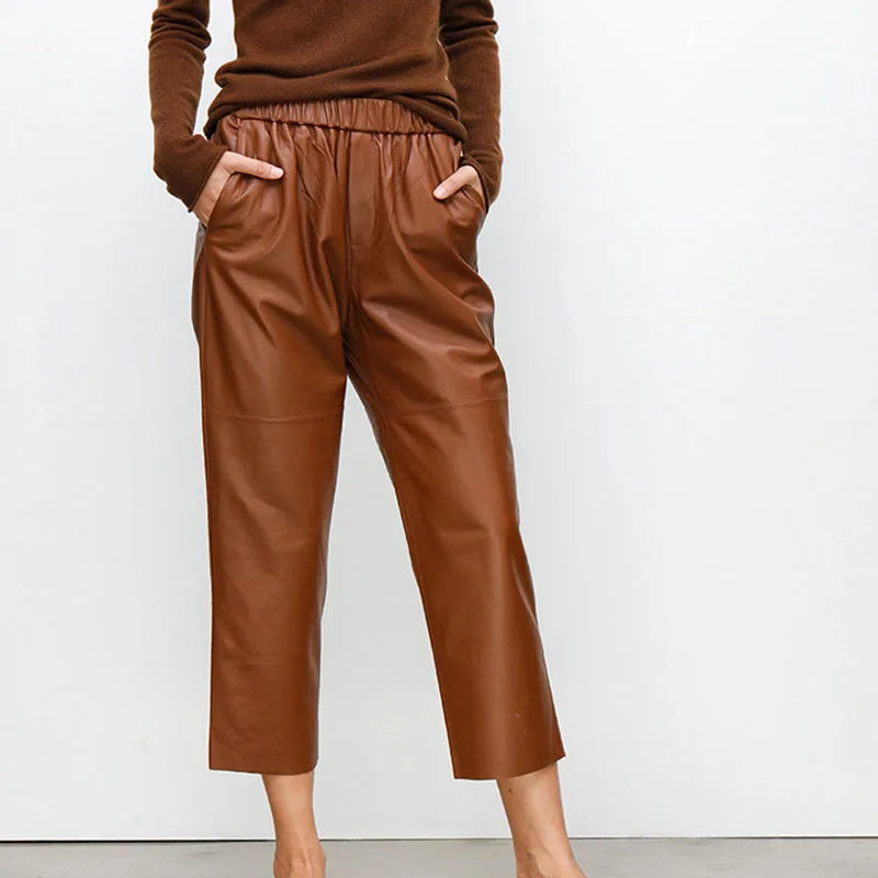 Women’s Genuine Sheepskin Leather Pants – High Waist Straight Fit Ankle-Length Trousers