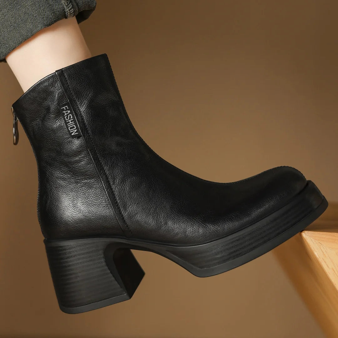 Women’s Genuine Cow Leather Chunky Heel Platform Ankle Boots – High-Quality, Soft, and Comfortable Punk-Style Short Boots with Back Zipper for Autumn