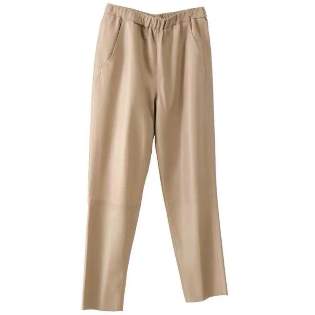 Women’s Genuine Sheepskin Leather Pants – High Waist Straight Fit Ankle-Length Trousers