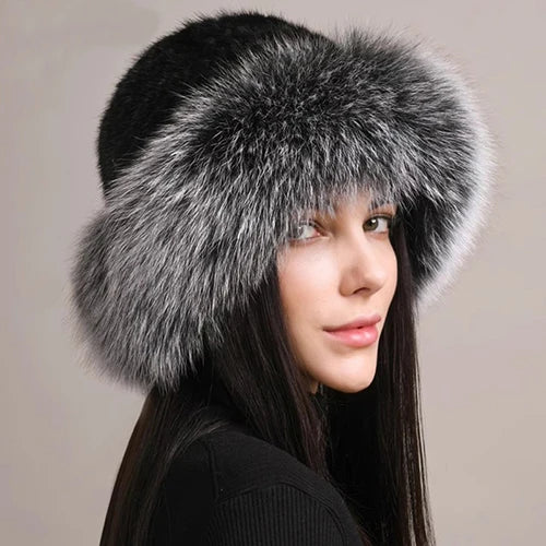 Luxury Knitted Mink Fur Hat with Real Fox Fur – Handmade Winter Fashion for Women - HER SHOP