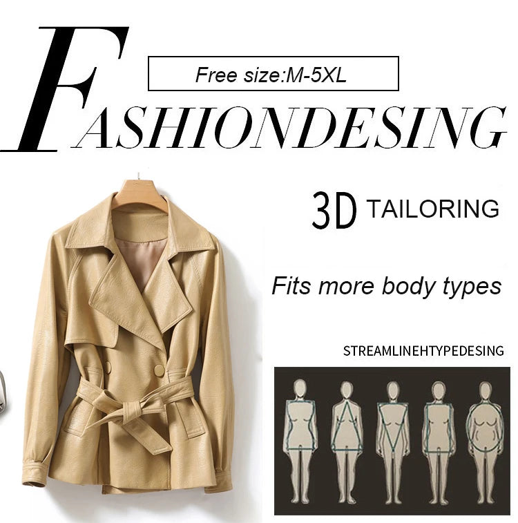 Beige trench coat on a hanger with 'Fashiondesing' branding and text about size and fit.