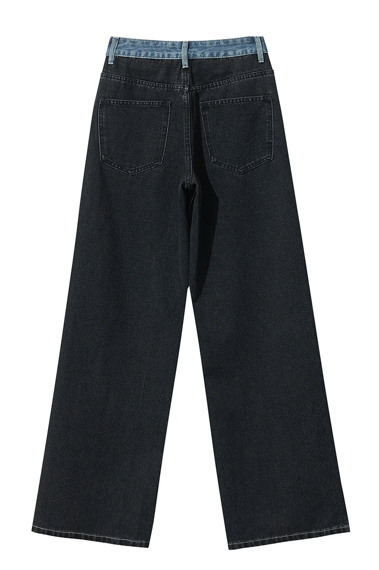 Retro Patchwork Wide-Leg Denim Jeans – Casual Loose Fit Women’s Pants