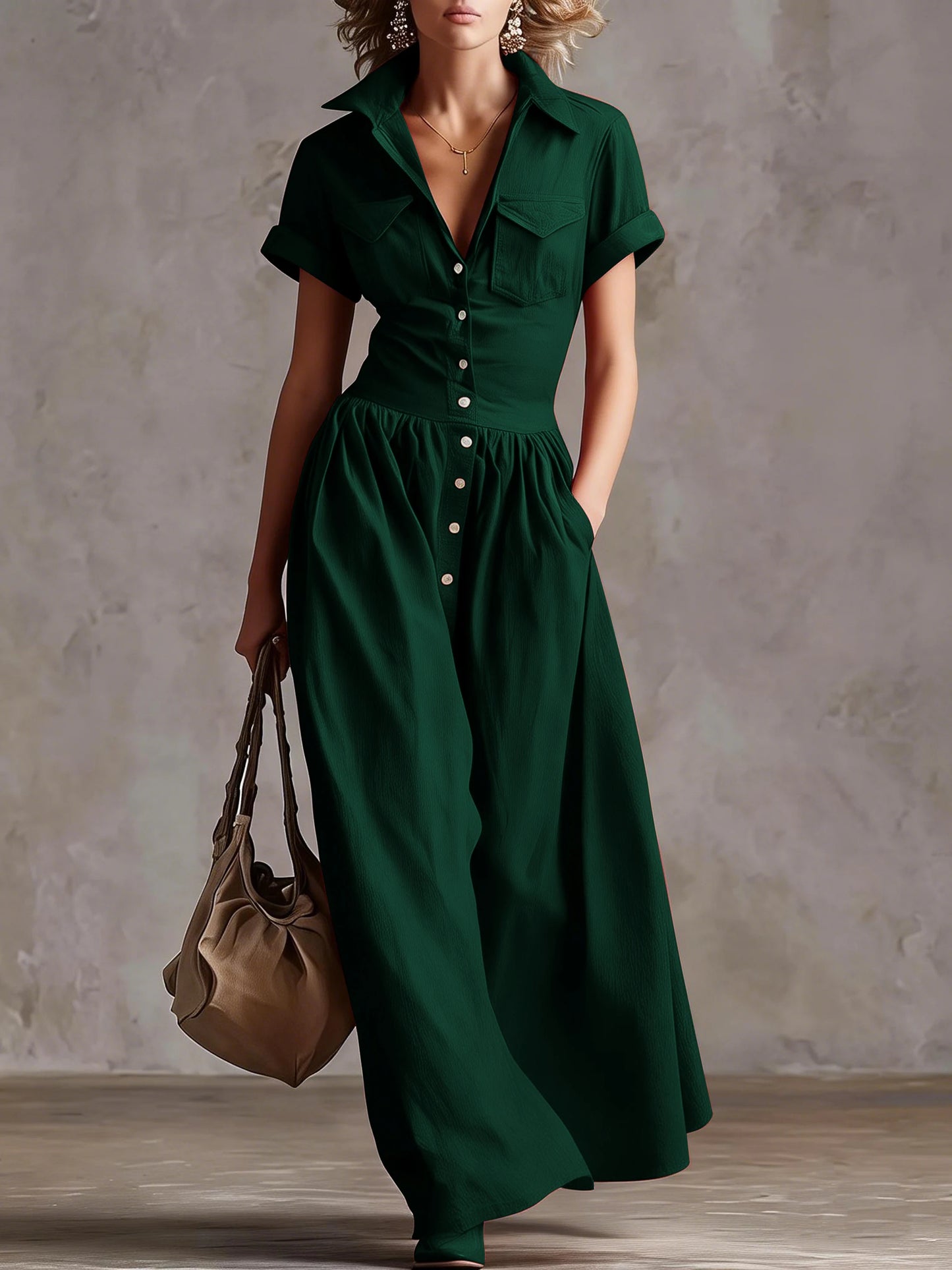 Women’s Woven Button-Down Collared Maxi Dress