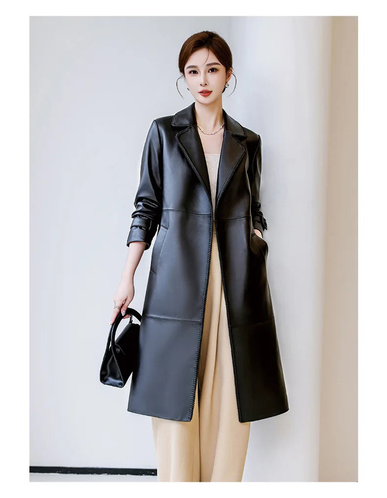 Women's Genuine Leather Trench Coat Lace-Up Long Slim Fit Spring Autumn Sheepskin Top