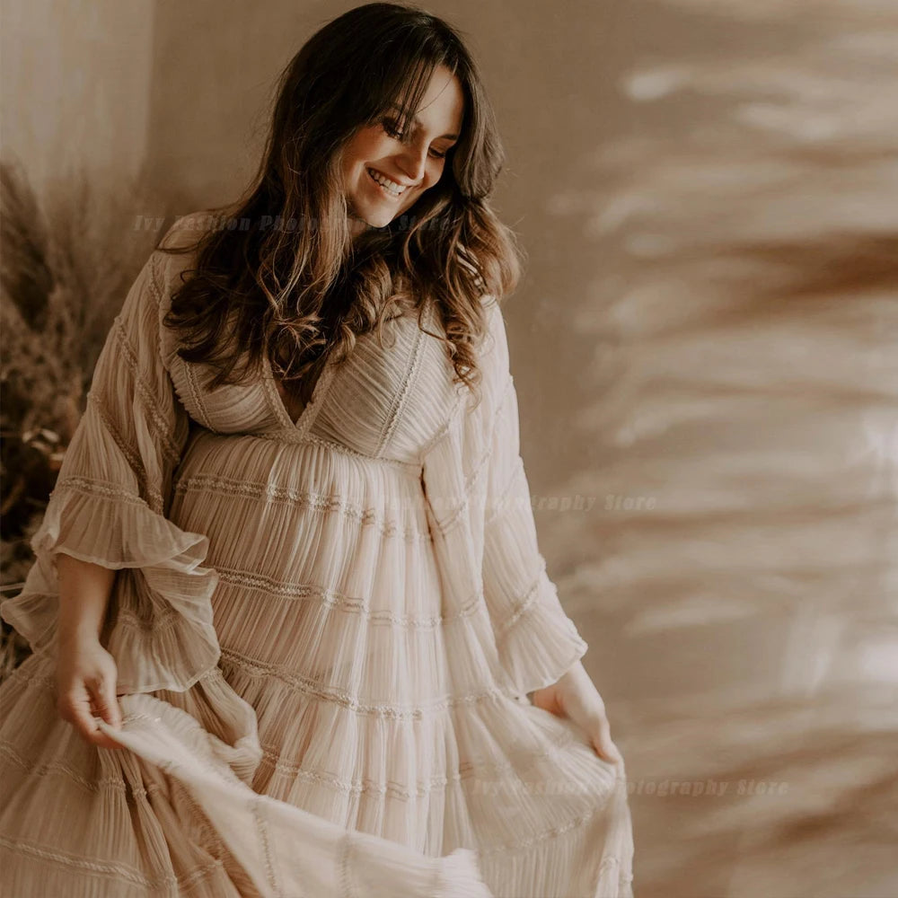 Bohemian V-Neck Long Sleeve Maternity Photography Dress â€“ Pleated Chiffon Pregnancy Photoshoot Gown