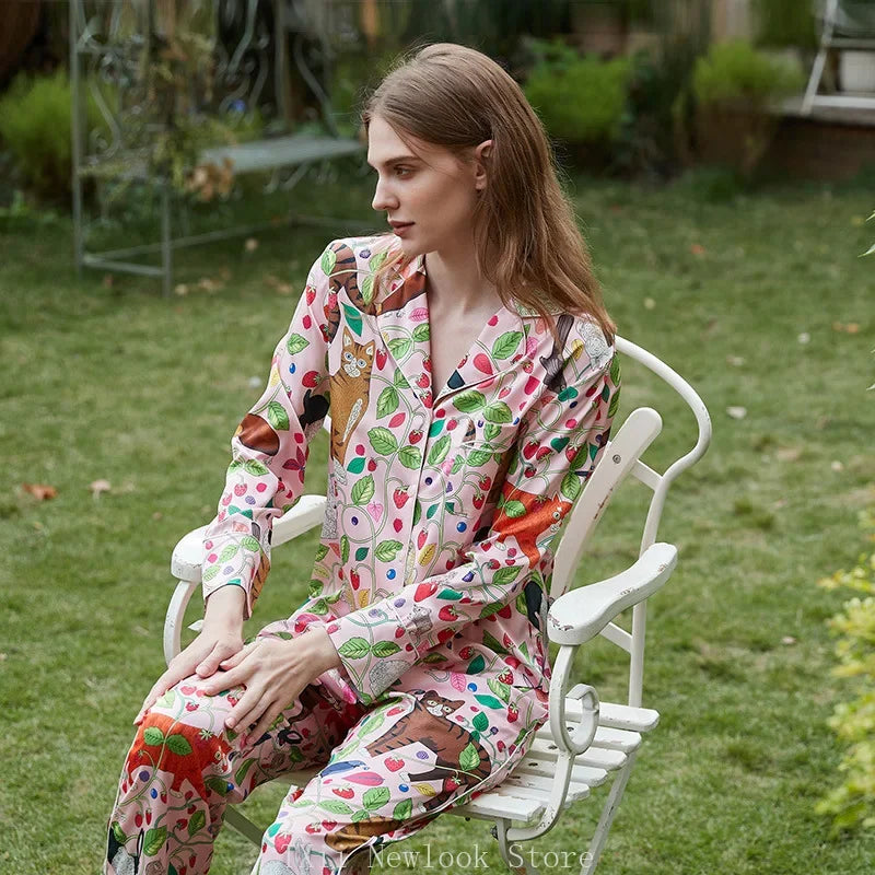 Elegant Pajama Set for Women – Long Sleeve Lapel Home Suit for Spring & Summer