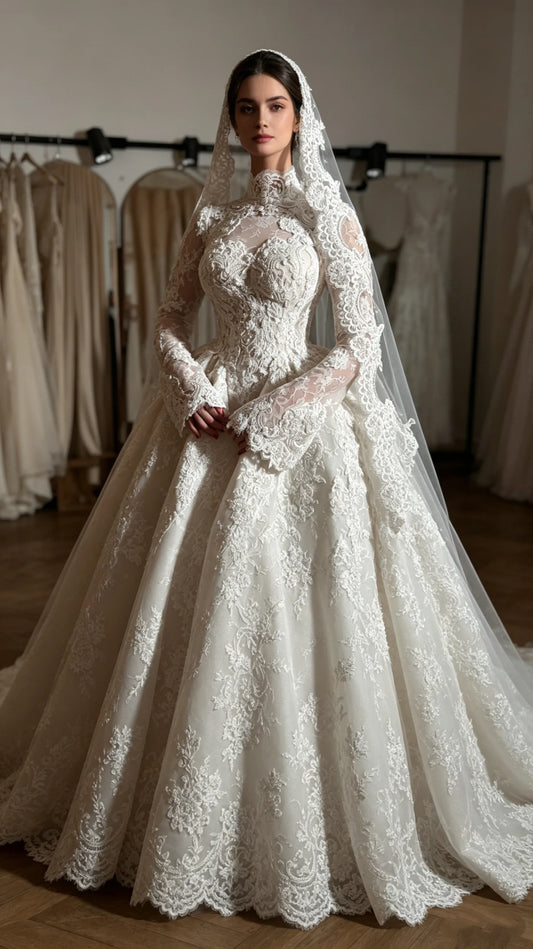 Custom Modest High Neck Long Sleeve Lace A-Line Wedding Dress with Pearls – Plus Size Bridal Gown - HER SHOP®