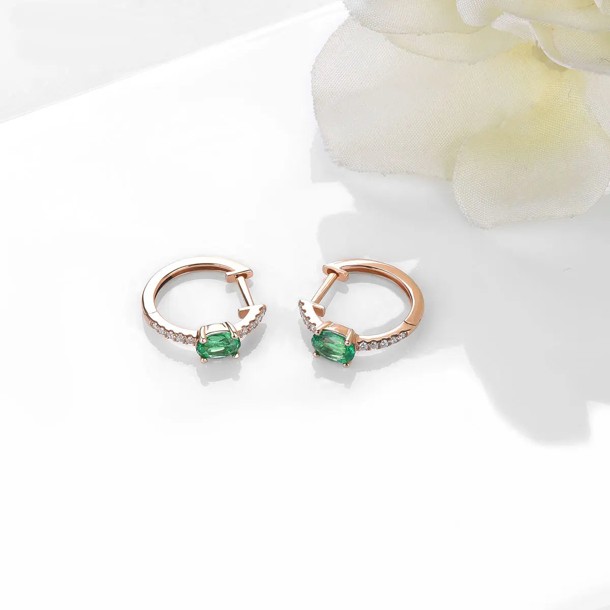 Solid 18K Rose Gold Earrings - 0.6 Carat Natural Emerald, 0.182 Carat Diamond Jewelry for Women