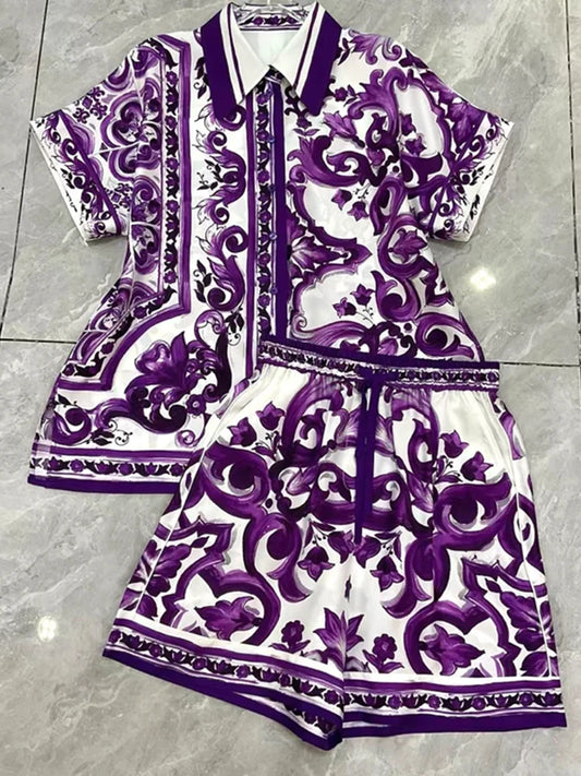 Purple and White patterned dress on a mannequin against a White background - HER SHOP®